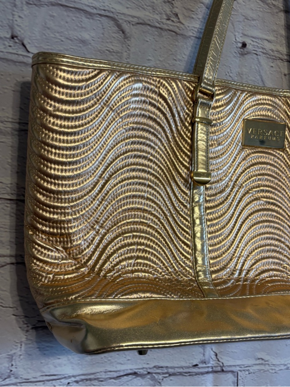 Versace Parfums Shimmery Gold Wave-Texture Tote Bag - Picture 3 of 13